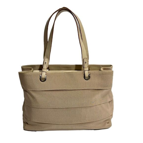 Salvatore Ferragamo Authentic w/ serial # Tiered Nylon Tan Beige Grossgrain Shou - Picture 1 of 14
